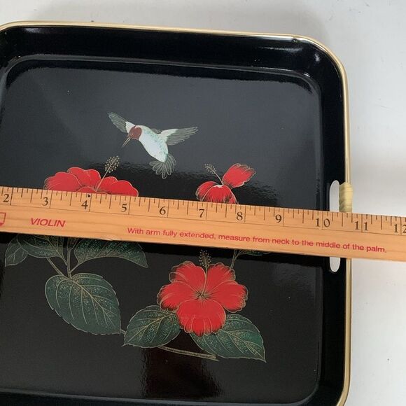 Vintage Black Lacquerware Style Hummingbird Red Hibiscus Plastic Serving Tray - Picture 7 of 9